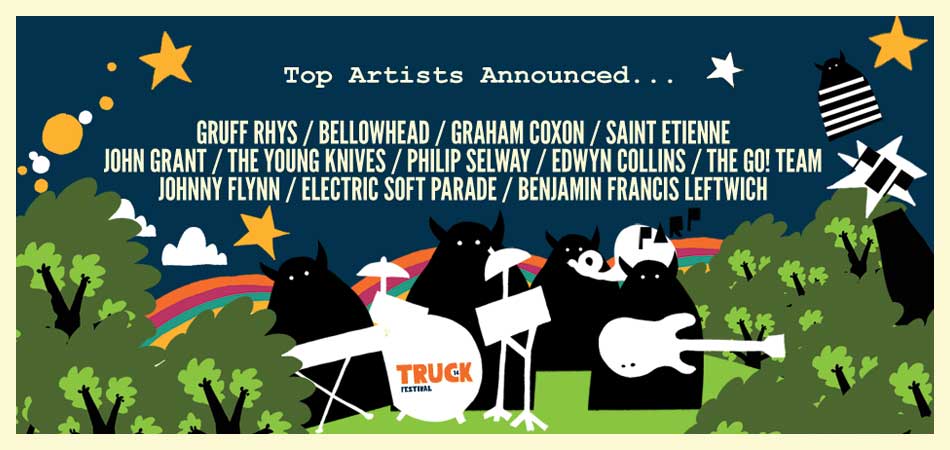 Illustration from the Truck Festival 2011 site: silhouetted goat-devils playing instruments on a festival stage under rainbows, trees and stars.