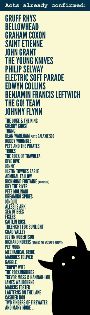 The 2011 Truck Festival lineup poster: 'Acts already confirmed' — Gruff Rhys, Bellowhead, Graham Coxon, Saint Etienne, John Grant, The Young Knives, Philip Selway, Electric Soft Parade, Edwyn Collins, Benjamin Francis Leftwich, The Go! Team, Johnny Flynn, and many more, with the iconic Truck goat-devil silhouette.